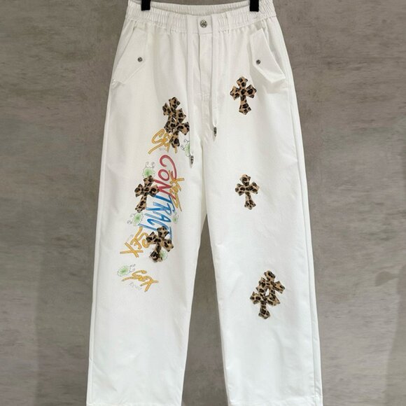 Chrome Hearts Leopard Suede Cross White Trousers - Picture 1 of 8